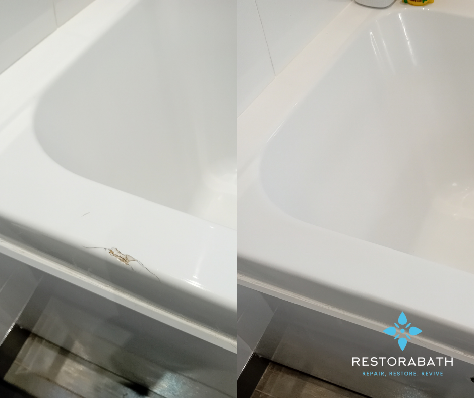 a before and after picture of a damaged bath tub on the left and on the right the same bath after being repaired