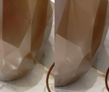 Before and after photo of multiple chips on a custom copper bath and after being repaired.