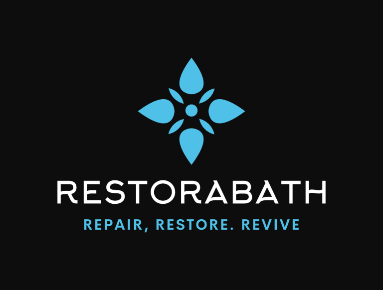 A photo of RestoraBath Logo with a black background with a blue symbol and white writing