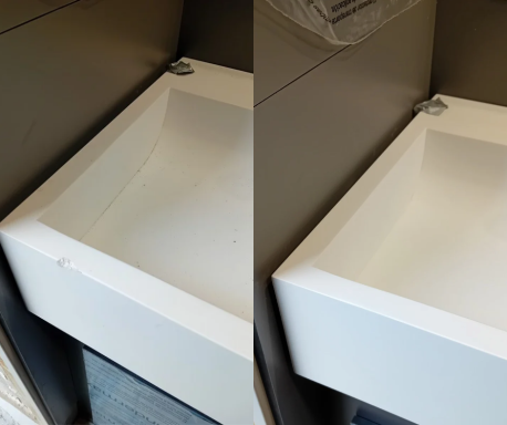 Sink repair Cardiff Before and after photo of a chipped sink edge and after being repaired.