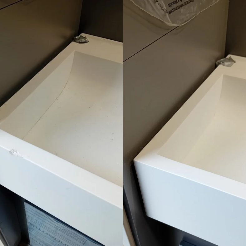 Sink repair Cardiff before and after photo of a sink chip repair