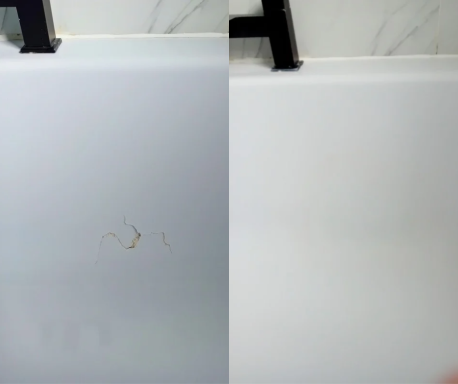 Before and after photo of a cracked bath and after being repaired.