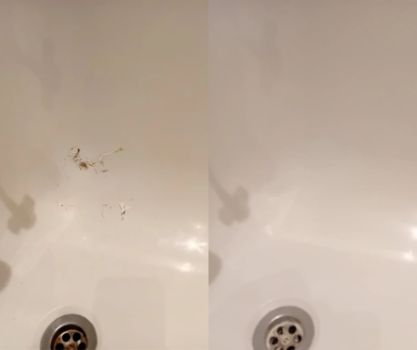 Before and after photo of a cracked bath and after being repaired.