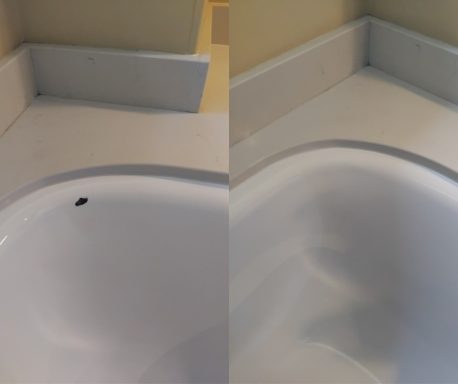 Before and after photo of a bath with chipped enamel and after being repaired.