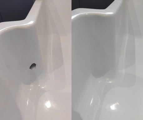 Before and after photo of a bath with a hole in the side and after being repaired.