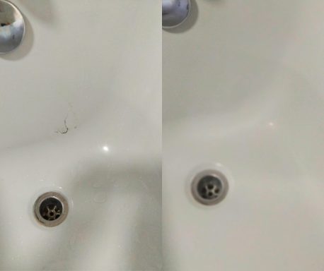 Before and after photo of a cracked bath and after being repaired.