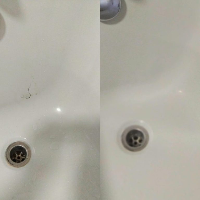 a white bath on the left with a crack on the bottom and on the right the same bath after being repaired by RestoraBath