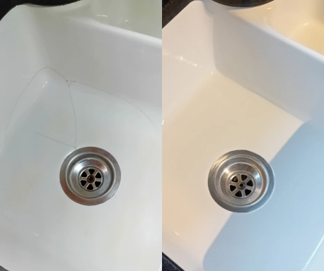 Before and after photo of a cracked sink and after being repaired